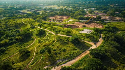 An aerial view of a sprawling sand city nestled amidst lush greenery, with canals and waterways crisscrossing the landscape.