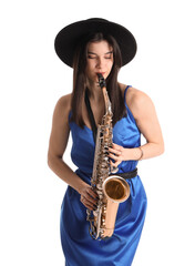 Beautiful young woman playing saxophone on white background