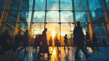 Silhouetted people walking in a bustling urban setting with a glass facade and the warm glow of a sunset.