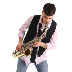 Young man playing saxophone on white background