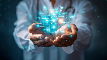 Caption: A healthcare professional presents a glowing, digital medical cross symbol, representing advanced medical technology or virtual healthcare services.