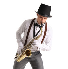 Male artist playing saxophone on white background