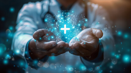 Doctor with outstretched hands, presenting a glowing medical cross symbol, symbolizing healthcare innovation or digital health technology advancements.
