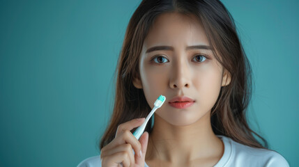 A young woman contemplating while holding a toothbrush, standing against a plain background, possibly pondering her dental hygiene routine.