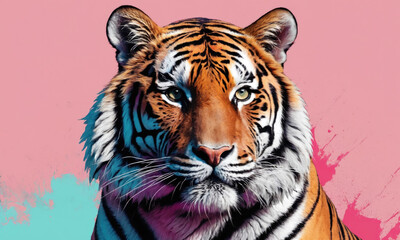 Fantasy Illustration of a wild animal tiger on pink background. Digital art style wallpaper background.