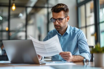 Obraz premium A busy young professional businessman checks documents on his laptop in his office. Serious business accounting experts in the workplace read legal documents overview of company documents.