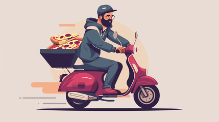 Man with beard riding retro scooter. Fast pizza deliv