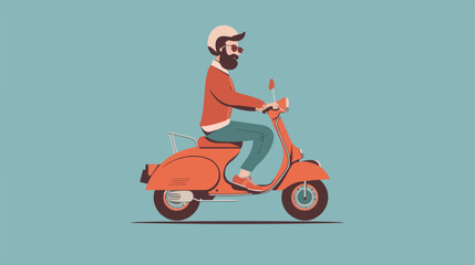 Fototapeta na wymiar Man with beard riding retro scooter. Fast delivery. Vector