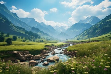 River flows through lush green valley with backdrop of mountains. Indian landscape. Water is crystal clear and surrounding trees are tall and green. Peaceful and serene scene. Generative AI.