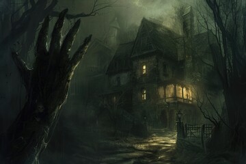A spooky house in a dark forest, perfect for Halloween designs