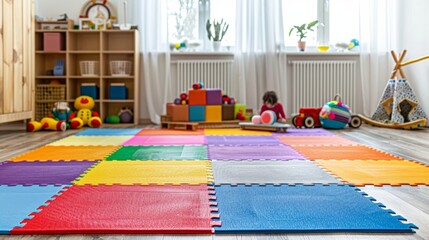 Blank mockup of a brightly colored floor mat for a daycare or playroom. .