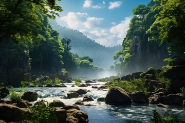 Naklejka na ściany i meble Indian landscape. Lush green forest with a river running through it. The water is clear and calm, and the trees are tall and leafy. The scene is peaceful and serene. Generative AI.
