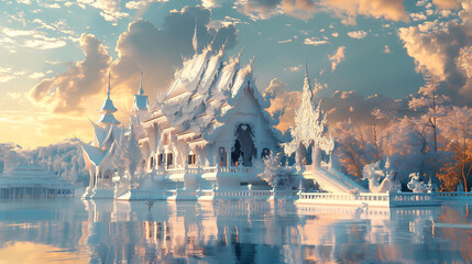 Chiang Rai: Architectural marvel, surreal design, in a mystical setting, in a realistic isometric style, with ethereal lighting, icy colors - obrazy, fototapety, plakaty