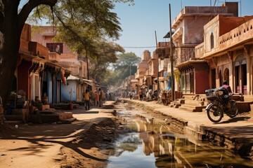 Indian street with a man on a motorcycle. The street is lined with buildings and has a small stream running through it. Generative AI.