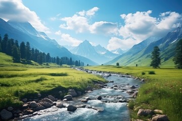 Indian landscape. River flows through a lush green valley with mountains in the background. The scene is serene and peaceful. Generative AI.