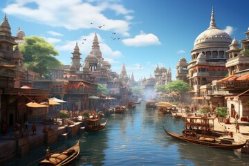 Fototapeta premium Indian city with many buildings and boats on a river. Old architecture. Generative AI Art.