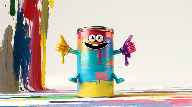 A character a spray smiling. The spray cans are in various colors. spraying colors with both fingers to left and right, has legs, indicating is ready to paint a car, white background