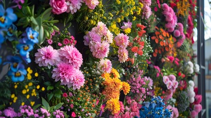 Vibrant Display of Flowers on a Wall Creating a Floral Spectacle