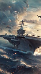 Wide Banner Featuring a Military Aircraft Carrier with Fighter Jets in a Warzone