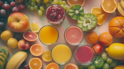 Overhead shot of a variety of fruits and glasses ready for blending into delicious, nutritious smoothies