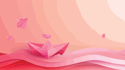Pink origami boat with decor on color background Vector
