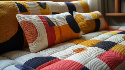 A Vibrant Collection Of Quilted Pillows On A Couch, Radiating Warmth And Comfort