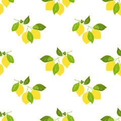 Lemones branch pattern with yellow fruits citrus, hand drawn sketch no contour, white background. Vector illustration