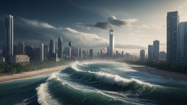 大都市を襲う津波,Generative AI AI画像
