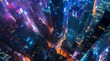 Overhead shot of a vibrant city skyline illuminated by the lights of towering buildings