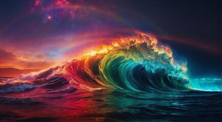 ネオン色に光る海の波,Generative AI AI画像