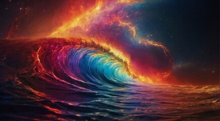 ネオン色に光る海の波,Generative AI AI画像