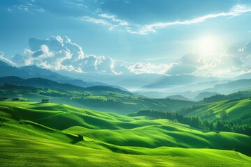 Sun shining over vibrant green hills, ideal for nature themes