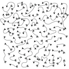 Dotted line arrow silhouette. Doodle arrows, vector, icon. Hand drawn thin line arrows set design. Arrows vector, curvy and wavy  black arrows isolated on white background. Vector  illustration. 