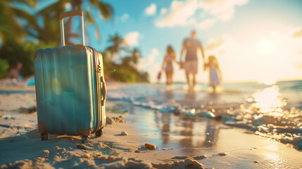 Family summer vacation concept. Suitcase on the beach with happy family blur on background