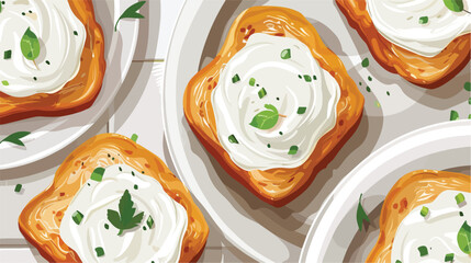 Plate of tasty toasts with cream cheese on white tile