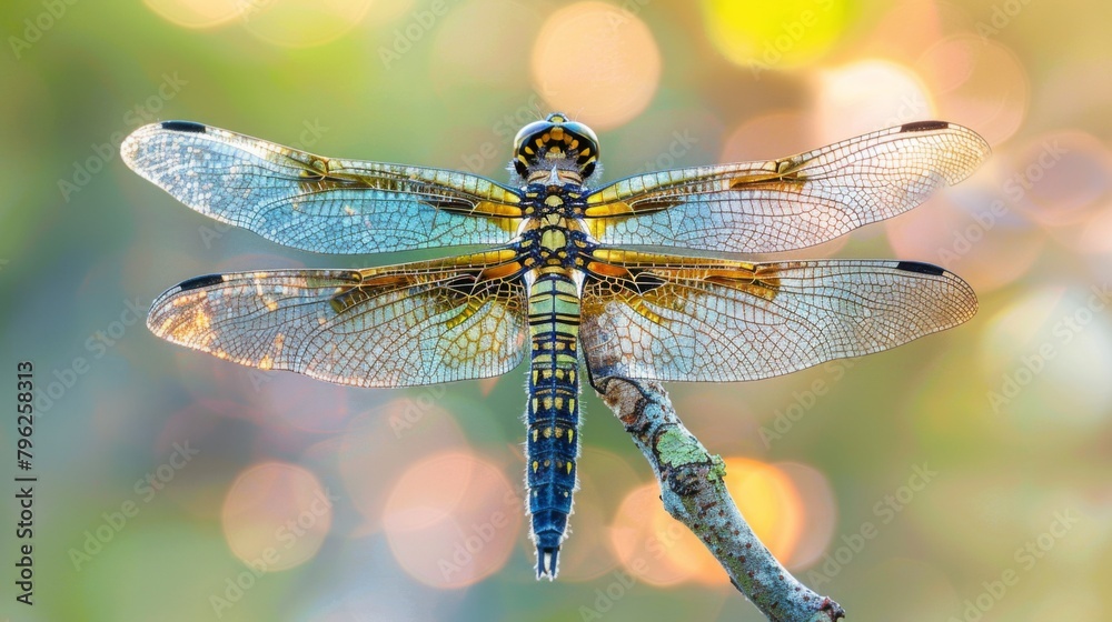 Aufkleber Overhead view of a dragonfly resting on a branch, its iridescent wings shimmering in the sunlight