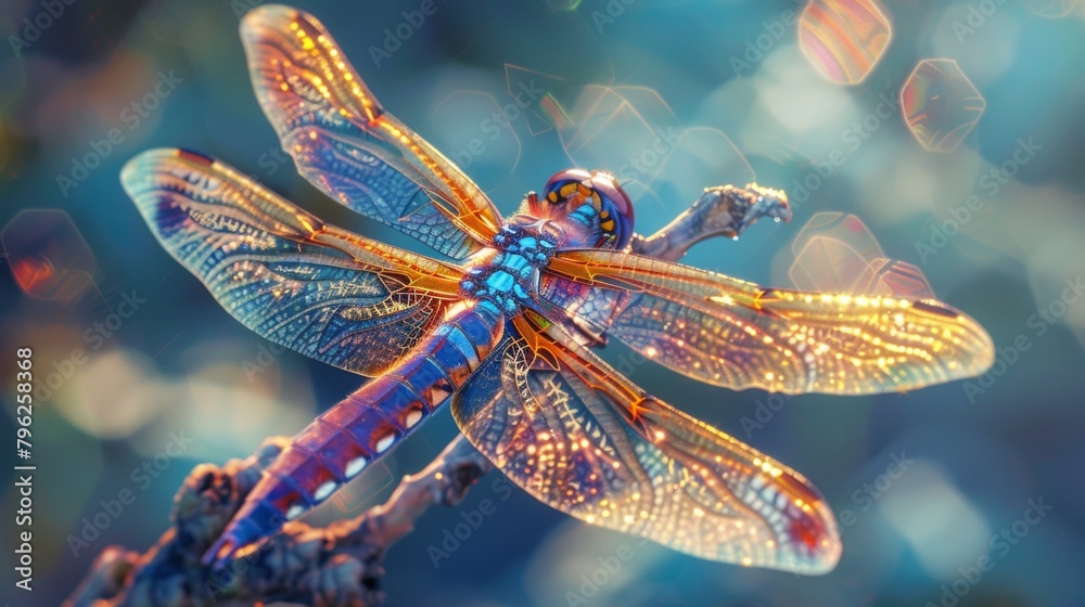 Poster overhead view of a dragonfly resting on a branch, its iridescent wings shimmering in the sunlight