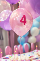 Pink helium floating balloon with red number four. Children girl birthday party for 4 years celebration. Banner or greeting card.	
