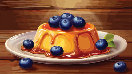 Plate with delicious pudding and blueberries covered