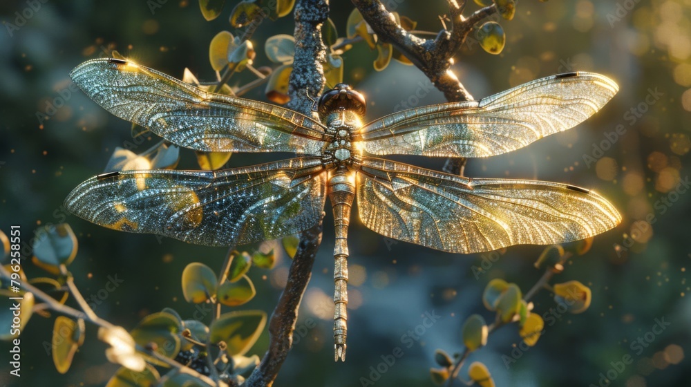 Poster Overhead view of a dragonfly resting on a branch, its iridescent wings shimmering in the sunlight