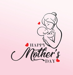 Mother's day postcard with paper flying elements and gift box on blue sky background. Vector symbols of love in shape of heart for greeting card design