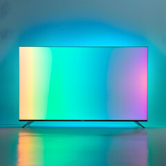 a 65 inch LED TV, on a white background, scene is lit by two soft lights with gradient ranging from light blue to green Ai generative 