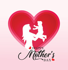 Mother's day postcard with paper flying elements and gift box on blue sky background. Vector symbols of love in shape of heart for greeting card design