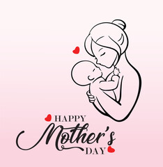 Mother's day postcard with paper flying elements and gift box on blue sky background. Vector symbols of love in shape of heart for greeting card design