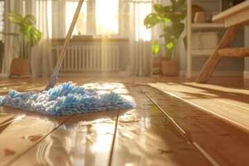 Close-up of a mop on a wooden floor, suitable for cleaning product ads