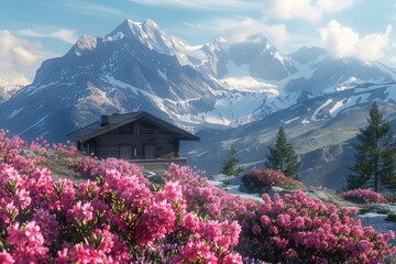 Fototapeta premium A cozy cabin nestled in the mountains with beautiful pink flowers in the foreground. Perfect for nature lovers and travel enthusiasts