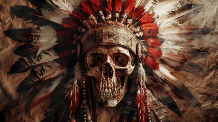 A skull wearing an Indian headdress, perfect for cultural themes