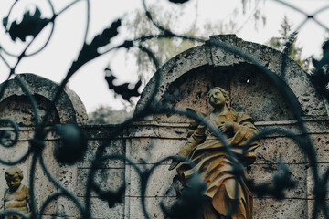 A statue in a cemetery photographed through a beautifully decorated fence, melancholic photo of a...