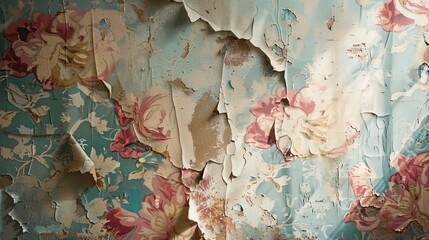 Vintage wallpaper peeling from an old interior wall - obrazy, fototapety, plakaty
