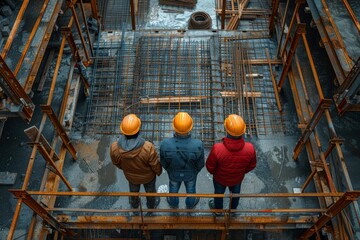 An aerial view capturing three hardworking individuals planning over a construction framework